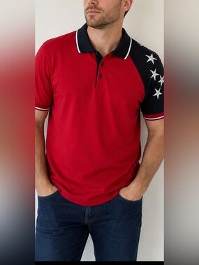 4th of July USA Flag Patriotic Polo Shirt Men’s L Red Black Stars